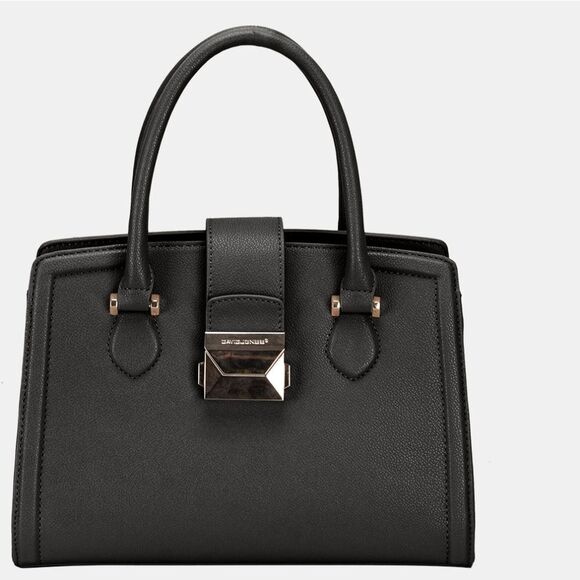 David Jones PU Leather Handbag Elegant Black Shiny Buckle Medium Square Purse - Picture 3 of 3